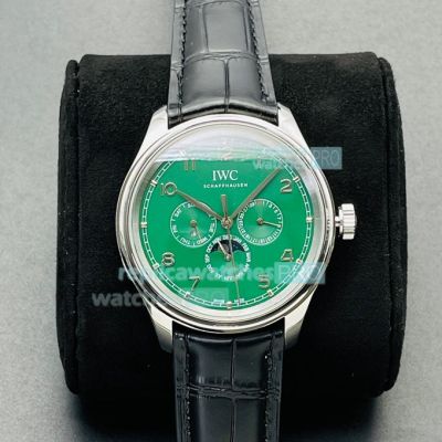 Swiss IWC Portuguese Perpetual Calendar Watch SS Green Dial Black Leather Strap